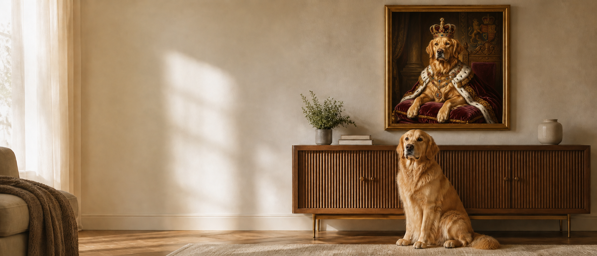 A gallery-style MagicPortrait pet portrait displayed in an editorial interior