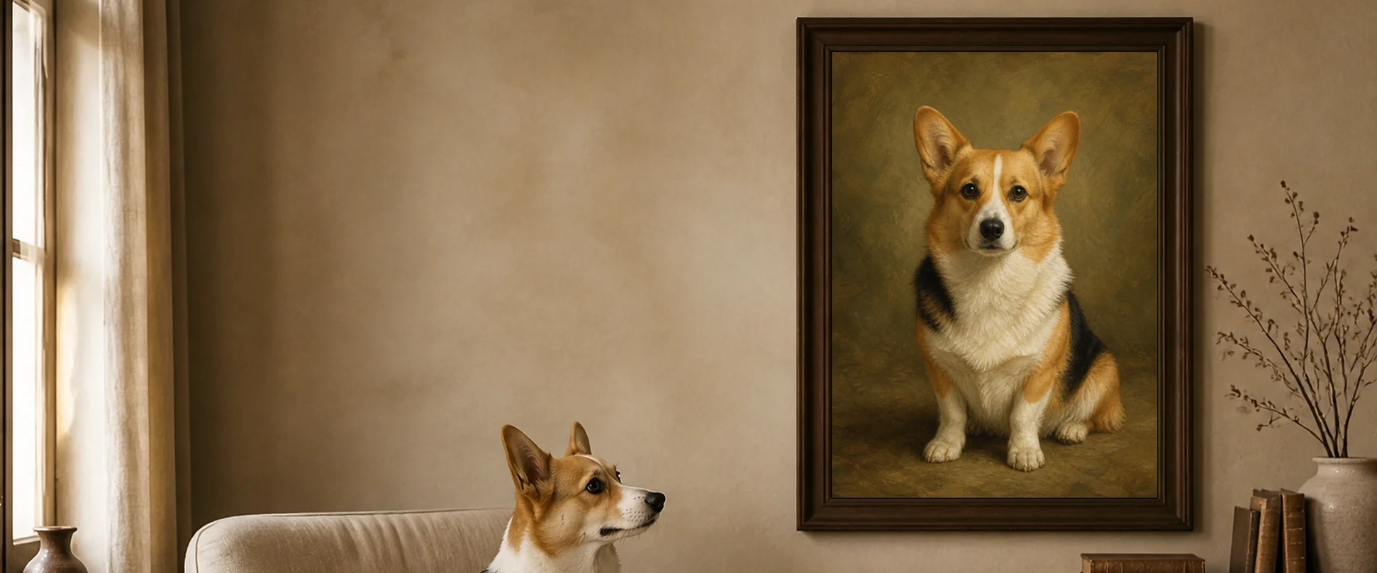 A calm heirloom-style pet portrait shown in a finished interior