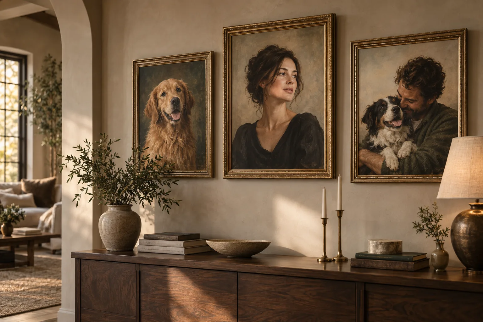 Three framed portraits showing a dog, a person, and a person with their dog in a warm gallery interior