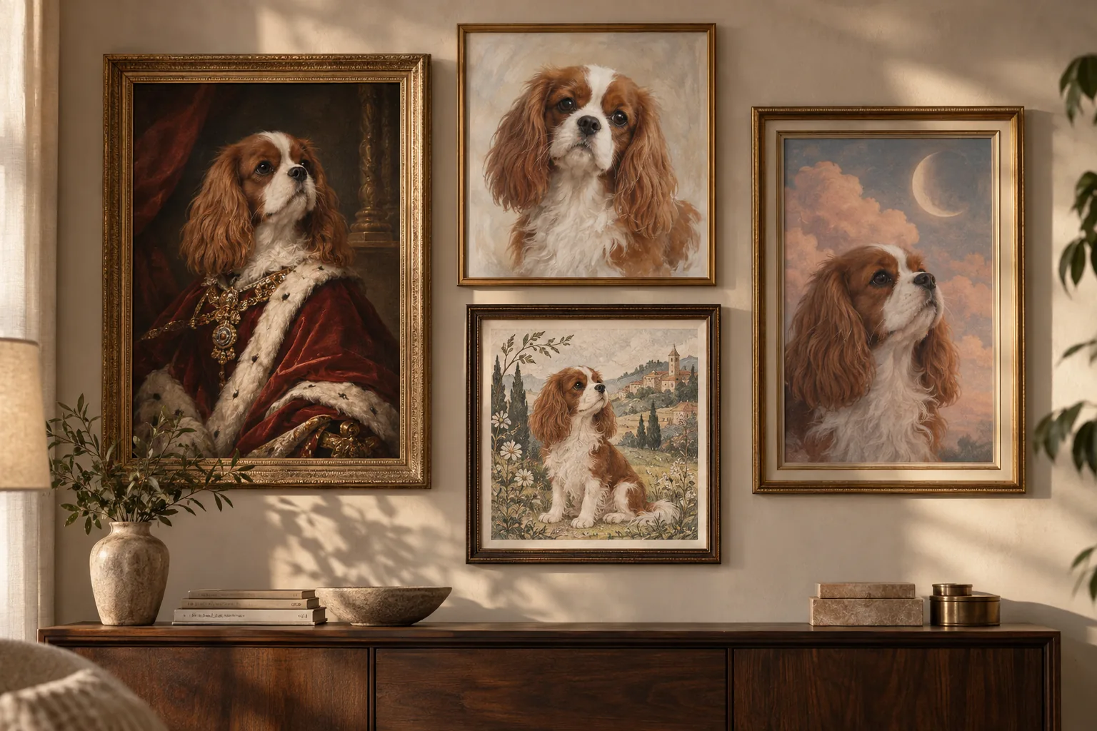 Four framed portraits of the same spaniel in royal, heirloom, storybook, and dreamscape styles