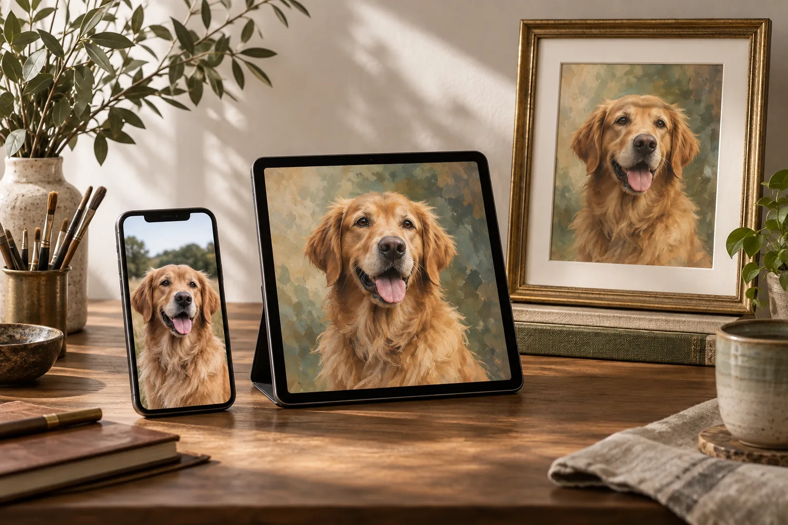 A source dog photo on a phone beside its portrait preview on a tablet and a finished framed print